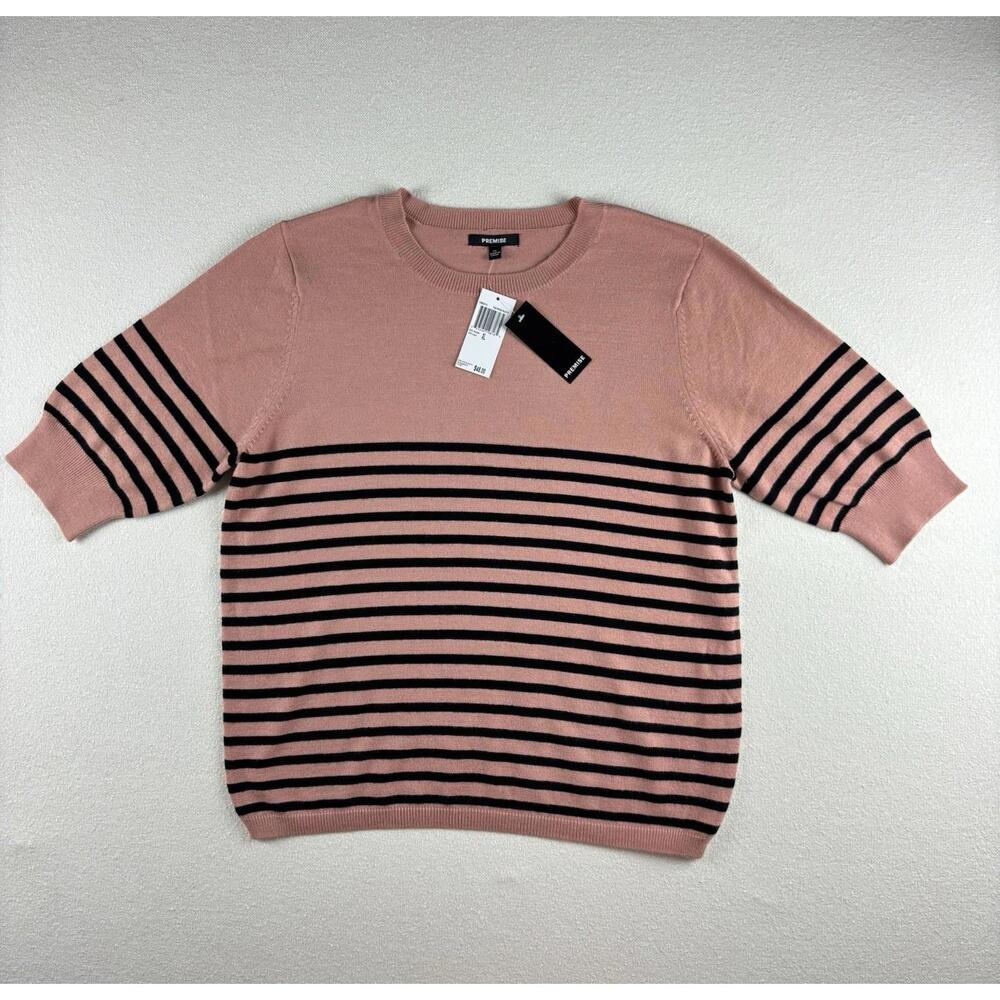 Premise Black and Pink Striped Sweater Short Sleeve Tapered Waist XL Women's Top